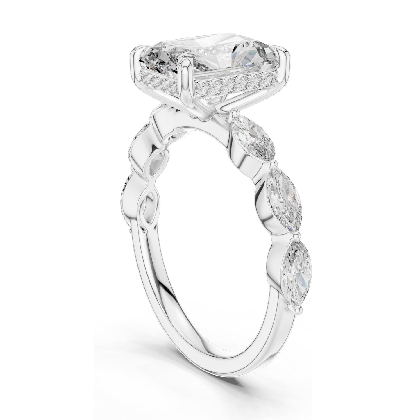 3.7 CT Radiant Cut Lab Diamond Engagement Ring with Marquise Side Stones | VVS-VS EF Clarity | 18KT, 14KT, 10KT Gold & 925 Silver | Rose, Yellow, White Gold & Moissanite Options