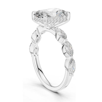 3.7 CT Radiant Cut Lab Diamond Engagement Ring with Marquise Side Stones | VVS-VS EF Clarity | 18KT, 14KT, 10KT Gold & 925 Silver | Rose, Yellow, White Gold & Moissanite Options
