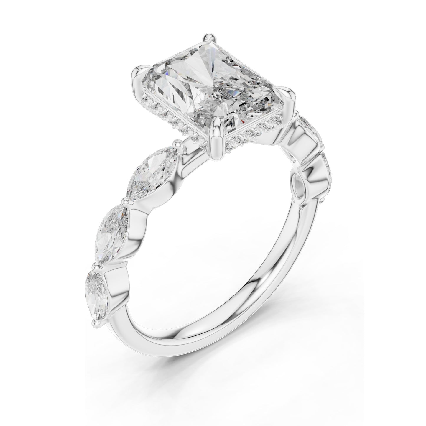 3.7 CT Radiant Cut Lab Diamond Engagement Ring with Marquise Side Stones | VVS-VS EF Clarity | 18KT, 14KT, 10KT Gold & 925 Silver | Rose, Yellow, White Gold & Moissanite Options