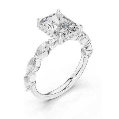 3.7 CT Radiant Cut Lab Diamond Engagement Ring with Marquise Side Stones | VVS-VS EF Clarity | 18KT, 14KT, 10KT Gold & 925 Silver | Rose, Yellow, White Gold & Moissanite Options
