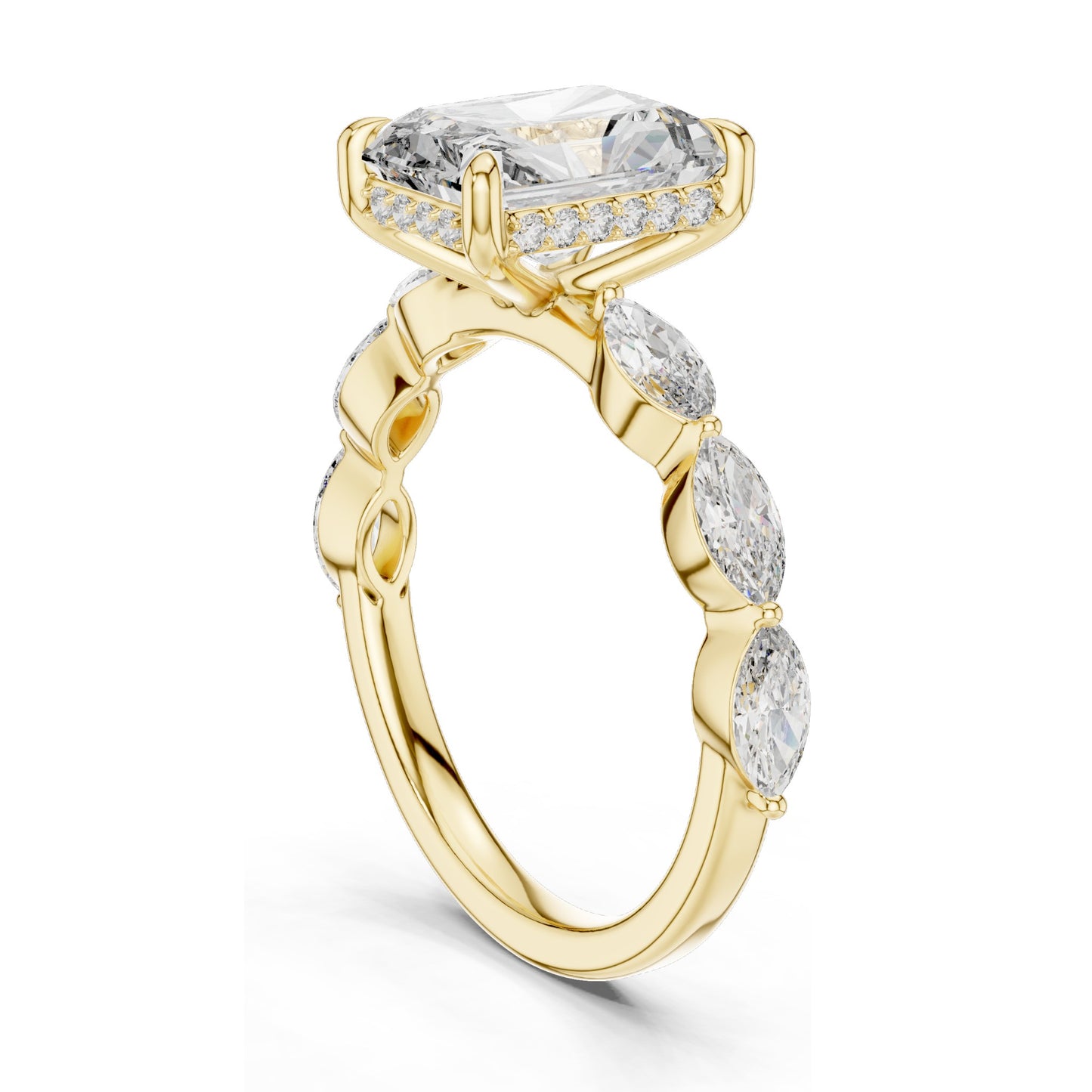 3.7 CT Radiant Cut Lab Diamond Engagement Ring with Marquise Side Stones | VVS-VS EF Clarity | 18KT, 14KT, 10KT Gold & 925 Silver | Rose, Yellow, White Gold & Moissanite Options