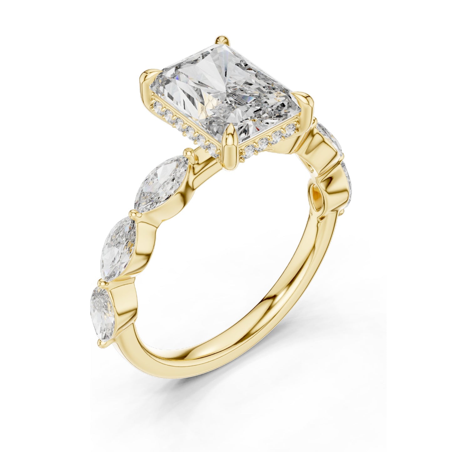 3.7 CT Radiant Cut Lab Diamond Engagement Ring with Marquise Side Stones | VVS-VS EF Clarity | 18KT, 14KT, 10KT Gold & 925 Silver | Rose, Yellow, White Gold & Moissanite Options