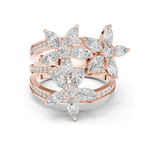 2.199 CT Marquise & Round Lab Diamond Floral Ring | VVS-VS EF Clarity | 18KT, 14KT, 10KT Gold & 925 Silver | Rose, Yellow, White Gold & Moissanite Options