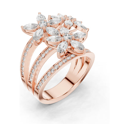 2.199 CT Marquise & Round Lab Diamond Floral Ring | VVS-VS EF Clarity | 18KT, 14KT, 10KT Gold & 925 Silver | Rose, Yellow, White Gold & Moissanite Options