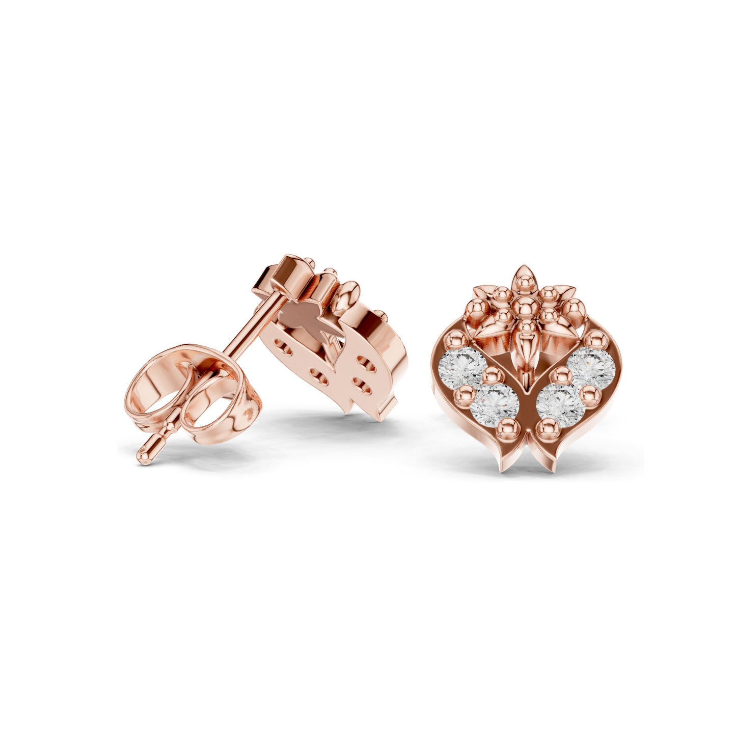 0.28 CT Lab Diamond Floral Heart Stud Earrings | VVS–VS EF Clarity | 18KT, 14KT, 10KT Gold & 925 Silver | Rose, Yellow, White Gold & Moissanite Options