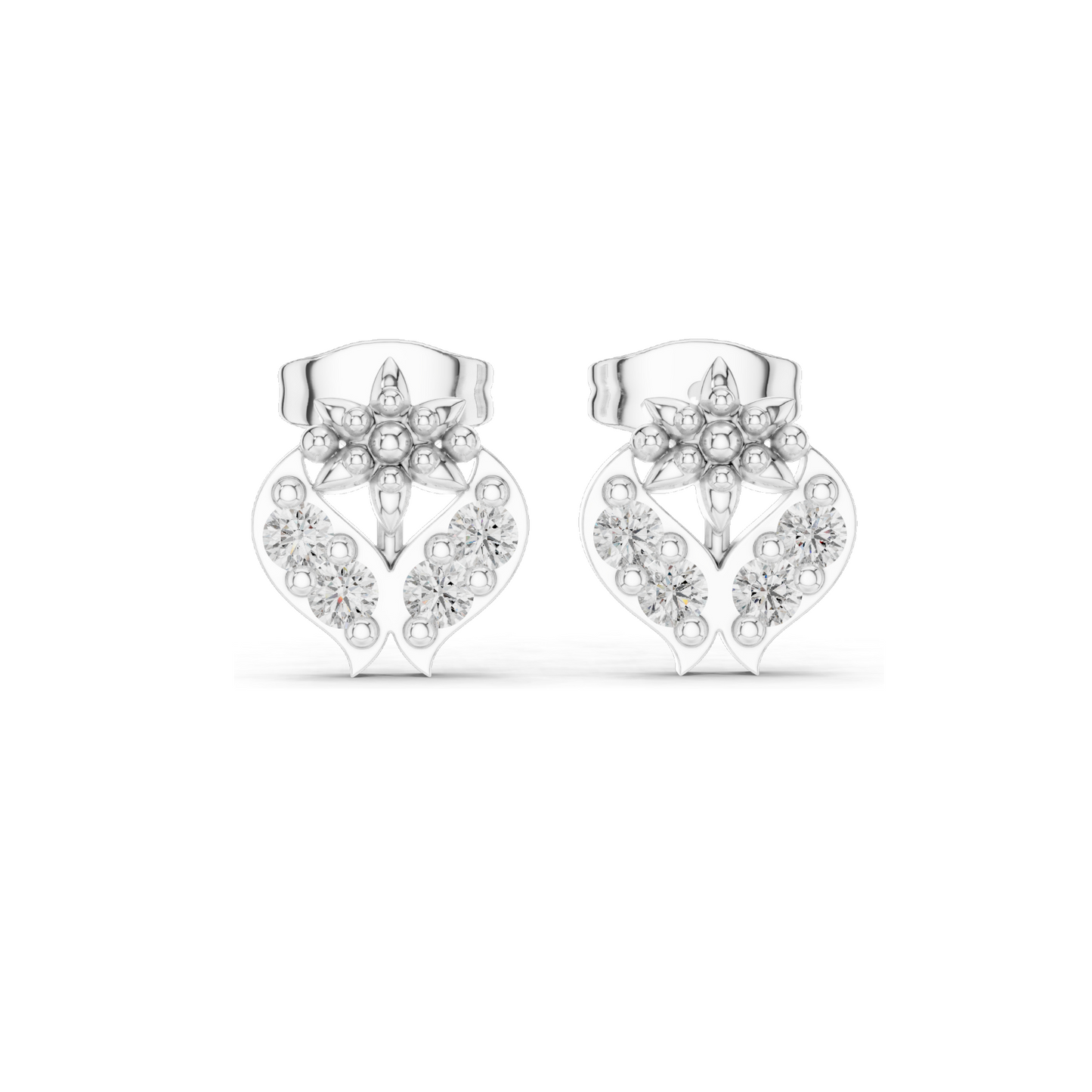 0.28 CT Lab Diamond Floral Heart Stud Earrings | VVS–VS EF Clarity | 18KT, 14KT, 10KT Gold & 925 Silver | Rose, Yellow, White Gold & Moissanite Options