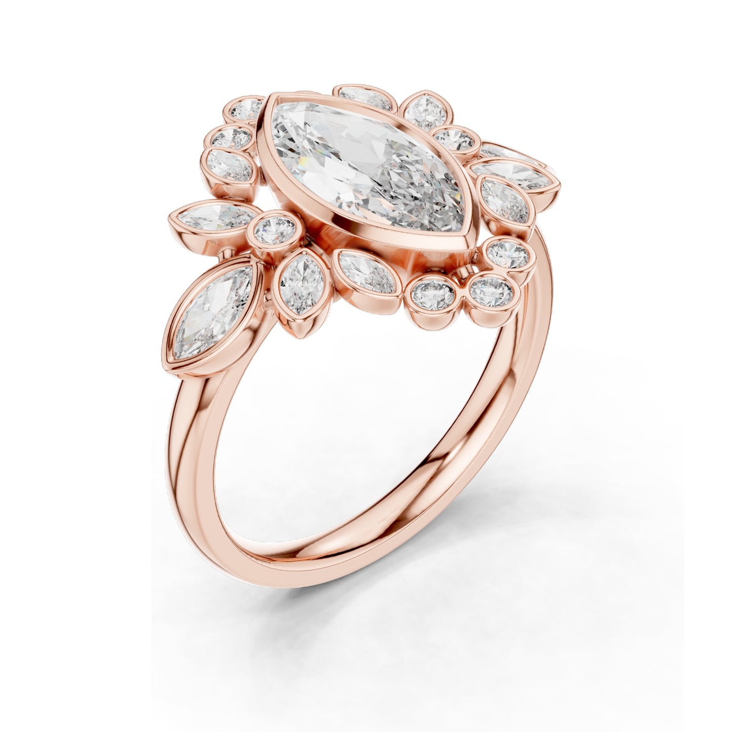 2.11 CT Marquise & Round Cluster Lab Diamond Ring for Women | VVS-VS EF Clarity | 18KT, 14KT, 10KT Gold & 925 Silver | Rose, Yellow, White Gold & Moissanite Options