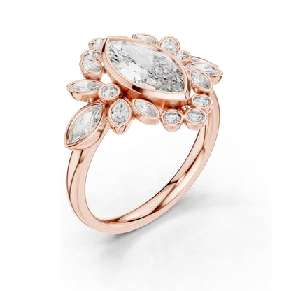 2.11 CT Marquise & Round Cluster Lab Diamond Ring for Women | VVS-VS EF Clarity | 18KT, 14KT, 10KT Gold & 925 Silver | Rose, Yellow, White Gold & Moissanite Options