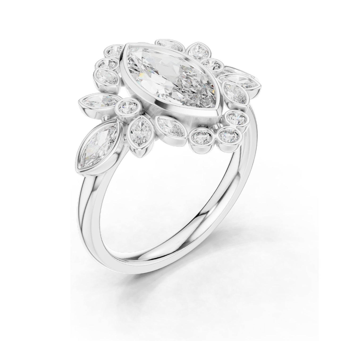 2.11 CT Marquise & Round Cluster Lab Diamond Ring for Women | VVS-VS EF Clarity | 18KT, 14KT, 10KT Gold & 925 Silver | Rose, Yellow, White Gold & Moissanite Options