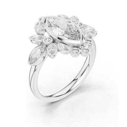 2.11 CT Marquise & Round Cluster Lab Diamond Ring for Women | VVS-VS EF Clarity | 18KT, 14KT, 10KT Gold & 925 Silver | Rose, Yellow, White Gold & Moissanite Options