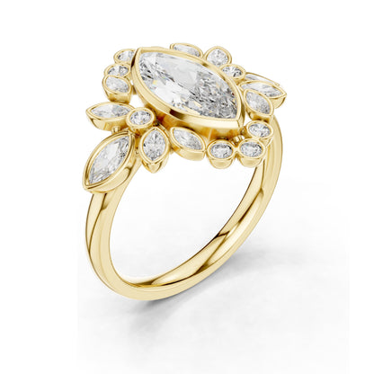 2.11 CT Marquise & Round Cluster Lab Diamond Ring for Women | VVS-VS EF Clarity | 18KT, 14KT, 10KT Gold & 925 Silver | Rose, Yellow, White Gold & Moissanite Options