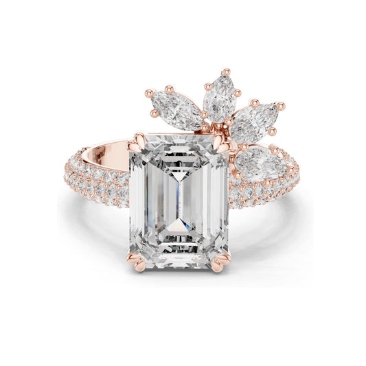 5.09 CT Emerald Cut Lab Diamond Ring with Marquise Side Stones | VVS-VS EF Clarity | 18KT, 14KT, 10KT Gold & 925 Silver | Rose, Yellow, White Gold & Moissanite Options