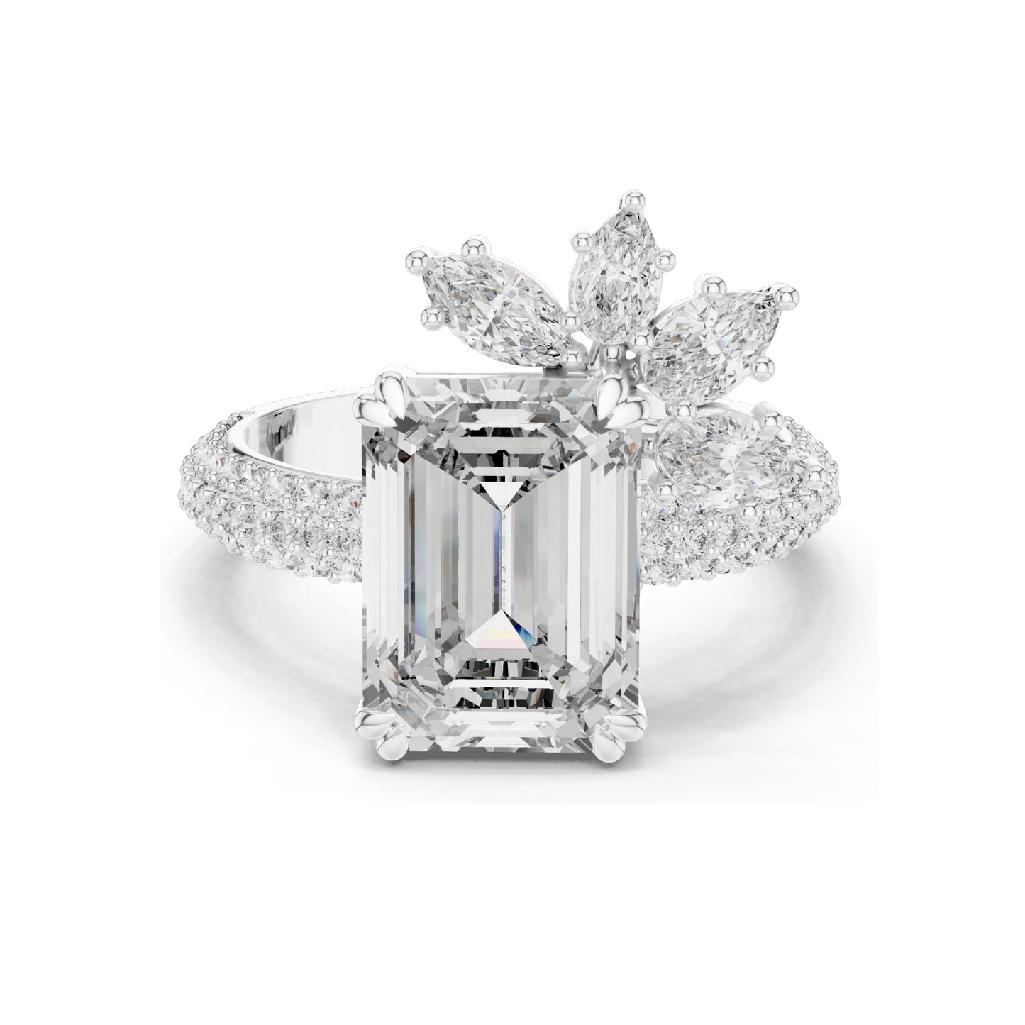 5.09 CT Emerald Cut Lab Diamond Ring with Marquise Side Stones | VVS-VS EF Clarity | 18KT, 14KT, 10KT Gold & 925 Silver | Rose, Yellow, White Gold & Moissanite Options