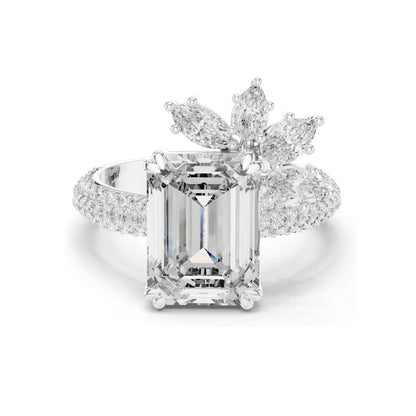 5.09 CT Emerald Cut Lab Diamond Ring with Marquise Side Stones | VVS-VS EF Clarity | 18KT, 14KT, 10KT Gold & 925 Silver | Rose, Yellow, White Gold & Moissanite Options