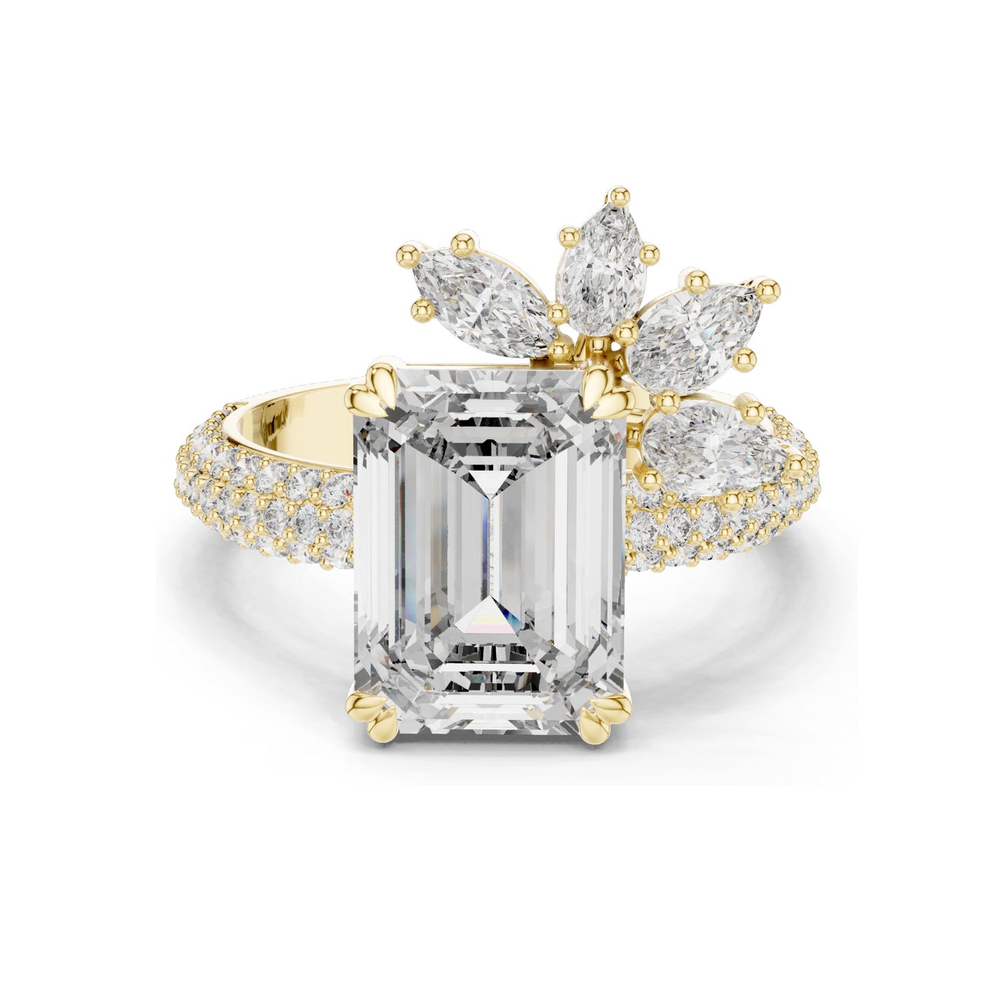 5.09 CT Emerald Cut Lab Diamond Ring with Marquise Side Stones | VVS-VS EF Clarity | 18KT, 14KT, 10KT Gold & 925 Silver | Rose, Yellow, White Gold & Moissanite Options