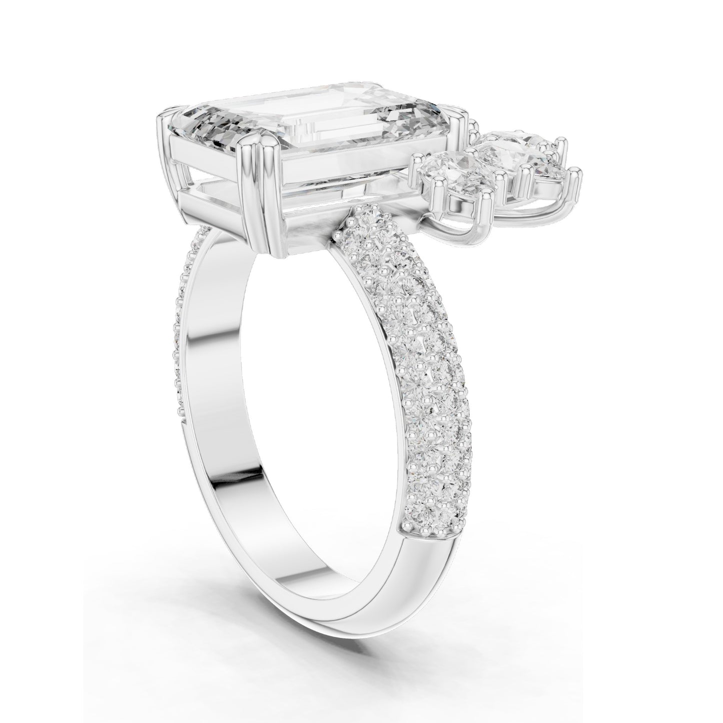 5.09 CT Emerald Cut Lab Diamond Ring with Marquise Side Stones | VVS-VS EF Clarity | 18KT, 14KT, 10KT Gold & 925 Silver | Rose, Yellow, White Gold & Moissanite Options