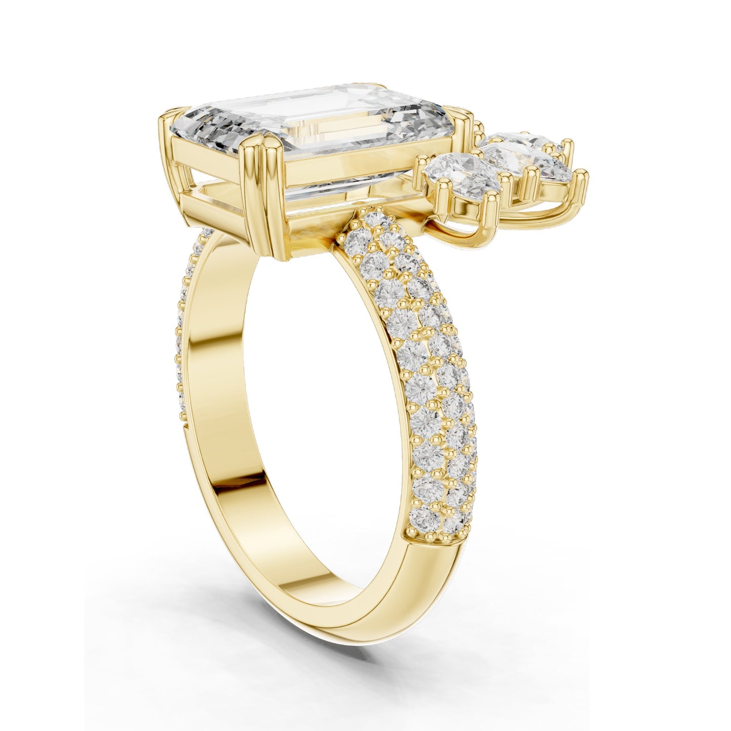 5.09 CT Emerald Cut Lab Diamond Ring with Marquise Side Stones | VVS-VS EF Clarity | 18KT, 14KT, 10KT Gold & 925 Silver | Rose, Yellow, White Gold & Moissanite Options