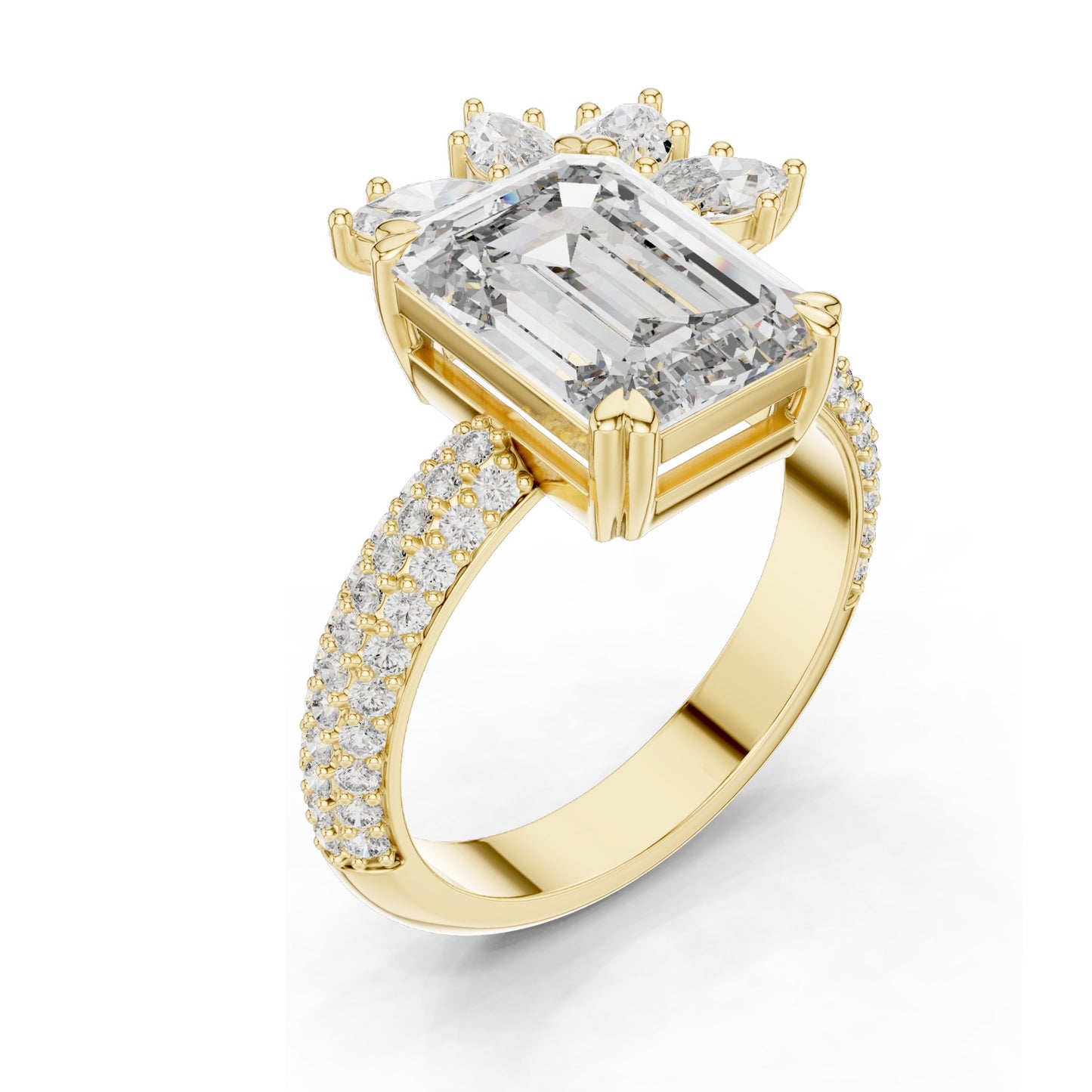 5.09 CT Emerald Cut Lab Diamond Ring with Marquise Side Stones | VVS-VS EF Clarity | 18KT, 14KT, 10KT Gold & 925 Silver | Rose, Yellow, White Gold & Moissanite Options