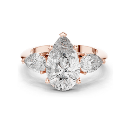 4.00 CT Lab-Grown Diamond Three-Stone Ring for Women | Pear-Shaped Center & Trapezoid Side Stones | VVS-VS EF Clarity | 18KT, 14KT, 10KT Gold & 925 Silver | Moissanite Options Available