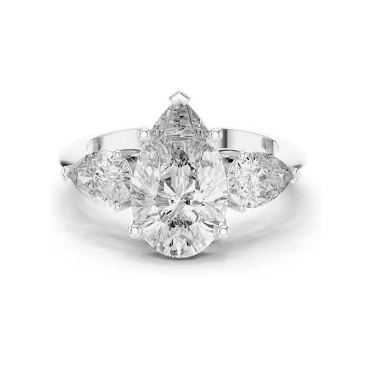 4.00 CT Lab-Grown Diamond Three-Stone Ring for Women | Pear-Shaped Center & Trapezoid Side Stones | VVS-VS EF Clarity | 18KT, 14KT, 10KT Gold & 925 Silver | Moissanite Options Available
