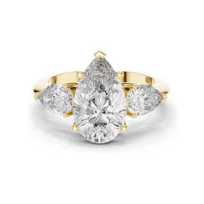 4.00 CT Lab-Grown Diamond Three-Stone Ring for Women | Pear-Shaped Center & Trapezoid Side Stones | VVS-VS EF Clarity | 18KT, 14KT, 10KT Gold & 925 Silver | Moissanite Options Available