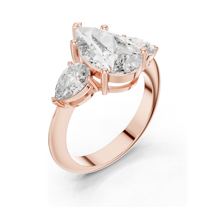 4.00 CT Lab-Grown Diamond Three-Stone Ring for Women | Pear-Shaped Center & Trapezoid Side Stones | VVS-VS EF Clarity | 18KT, 14KT, 10KT Gold & 925 Silver | Moissanite Options Available