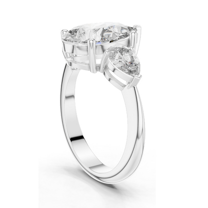 4.00 CT Lab-Grown Diamond Three-Stone Ring for Women | Pear-Shaped Center & Trapezoid Side Stones | VVS-VS EF Clarity | 18KT, 14KT, 10KT Gold & 925 Silver | Moissanite Options Available