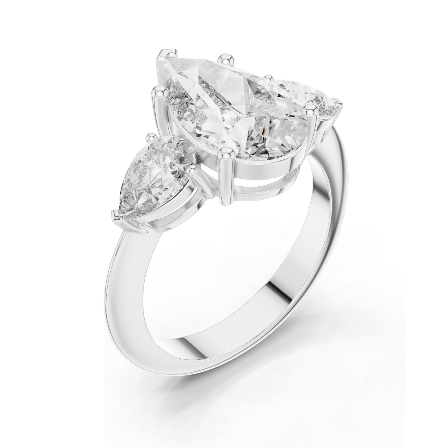 4.00 CT Lab-Grown Diamond Three-Stone Ring for Women | Pear-Shaped Center & Trapezoid Side Stones | VVS-VS EF Clarity | 18KT, 14KT, 10KT Gold & 925 Silver | Moissanite Options Available
