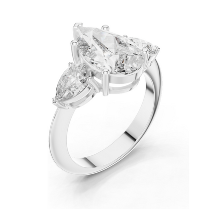 4.00 CT Lab-Grown Diamond Three-Stone Ring for Women | Pear-Shaped Center & Trapezoid Side Stones | VVS-VS EF Clarity | 18KT, 14KT, 10KT Gold & 925 Silver | Moissanite Options Available