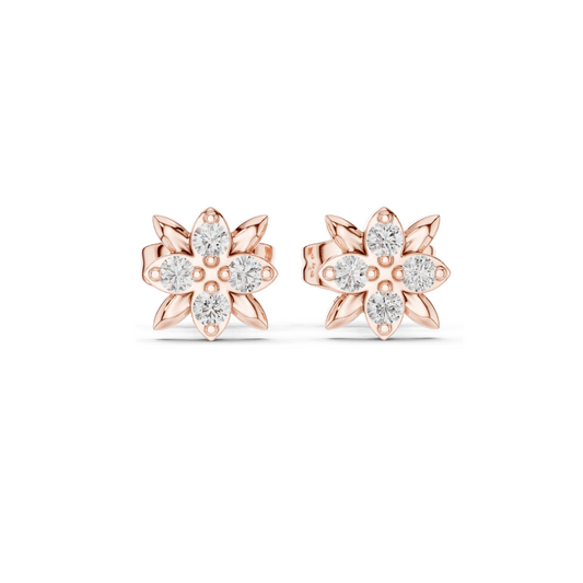 Floral Lab Diamond Stud Earrings | VVS-VS EF Clarity | 18KT, 14KT, 10KT Gold & 925 Silver | Rose, Yellow, White Gold | Moissanite & Lab-Grown Options | 0.144 CT Total Weight