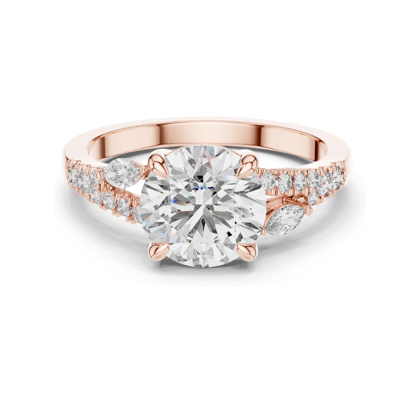 2.27 CT Round Brilliant Lab Diamond Ring for Women | Leaf Accent Pavé Band | VVS–VS EF CVD | 18KT, 14KT, 10KT Gold & 925 Silver | Moissanite Options