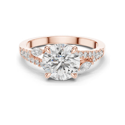 2.27 CT Round Brilliant Lab Diamond Ring for Women | Leaf Accent Pavé Band | VVS–VS EF CVD | 18KT, 14KT, 10KT Gold & 925 Silver | Moissanite Options