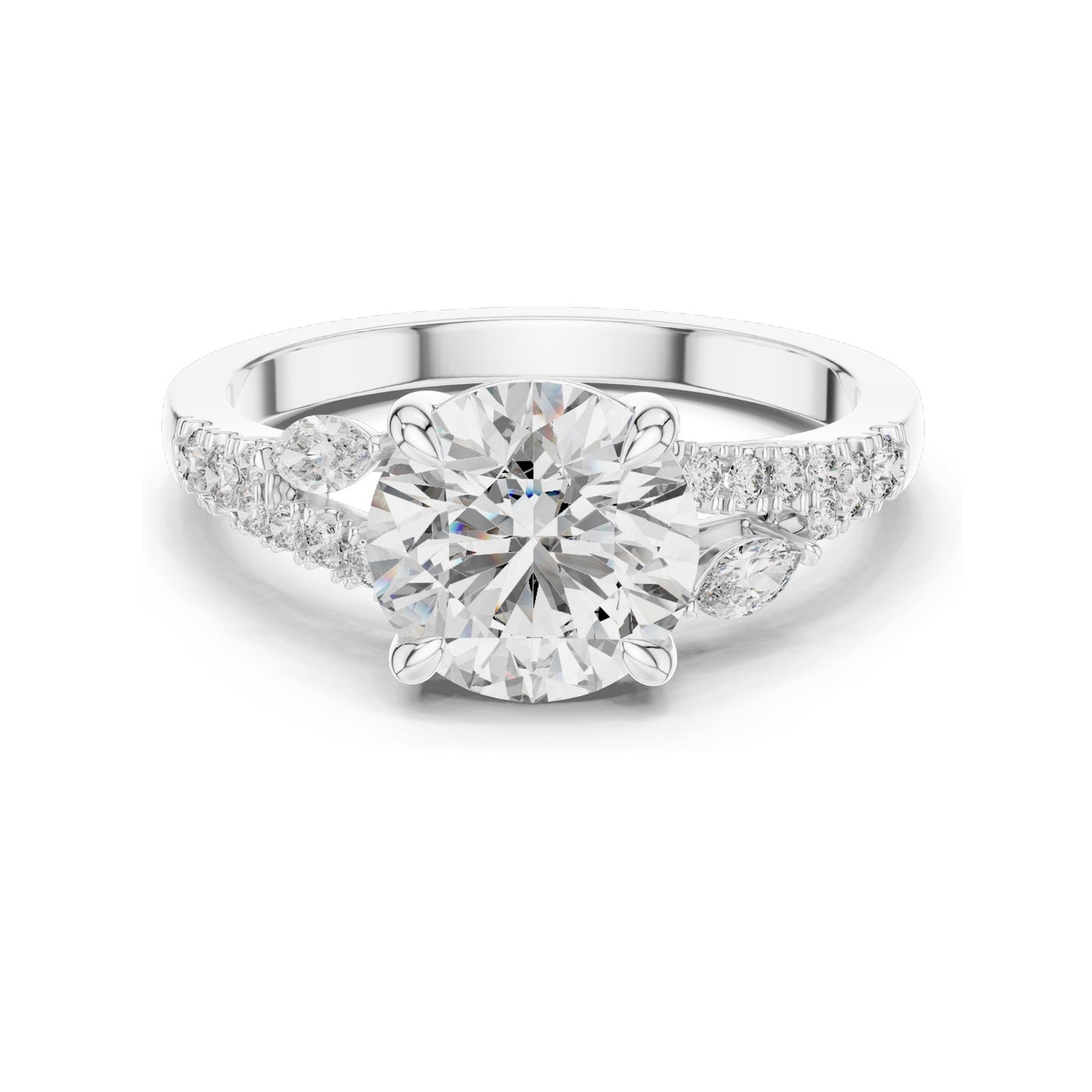 2.27 CT Round Brilliant Lab Diamond Ring for Women | Leaf Accent Pavé Band | VVS–VS EF CVD | 18KT, 14KT, 10KT Gold & 925 Silver | Moissanite Options