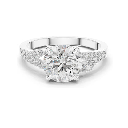 2.27 CT Round Brilliant Lab Diamond Ring for Women | Leaf Accent Pavé Band | VVS–VS EF CVD | 18KT, 14KT, 10KT Gold & 925 Silver | Moissanite Options