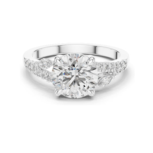 2.27 CT Round Brilliant Lab Diamond Ring for Women | Leaf Accent Pavé Band | VVS–VS EF CVD | 18KT, 14KT, 10KT Gold & 925 Silver | Moissanite Options