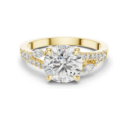 2.27 CT Round Brilliant Lab Diamond Ring for Women | Leaf Accent Pavé Band | VVS–VS EF CVD | 18KT, 14KT, 10KT Gold & 925 Silver | Moissanite Options
