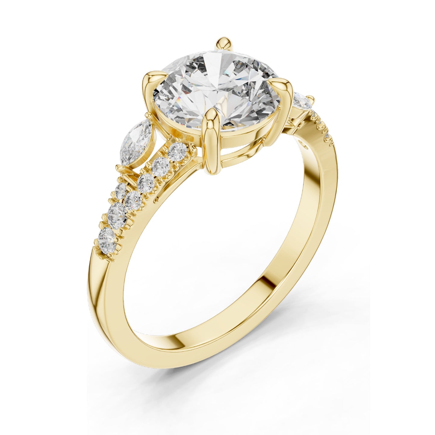 2.27 CT Round Brilliant Lab Diamond Ring for Women | Leaf Accent Pavé Band | VVS–VS EF CVD | 18KT, 14KT, 10KT Gold & 925 Silver | Moissanite Options