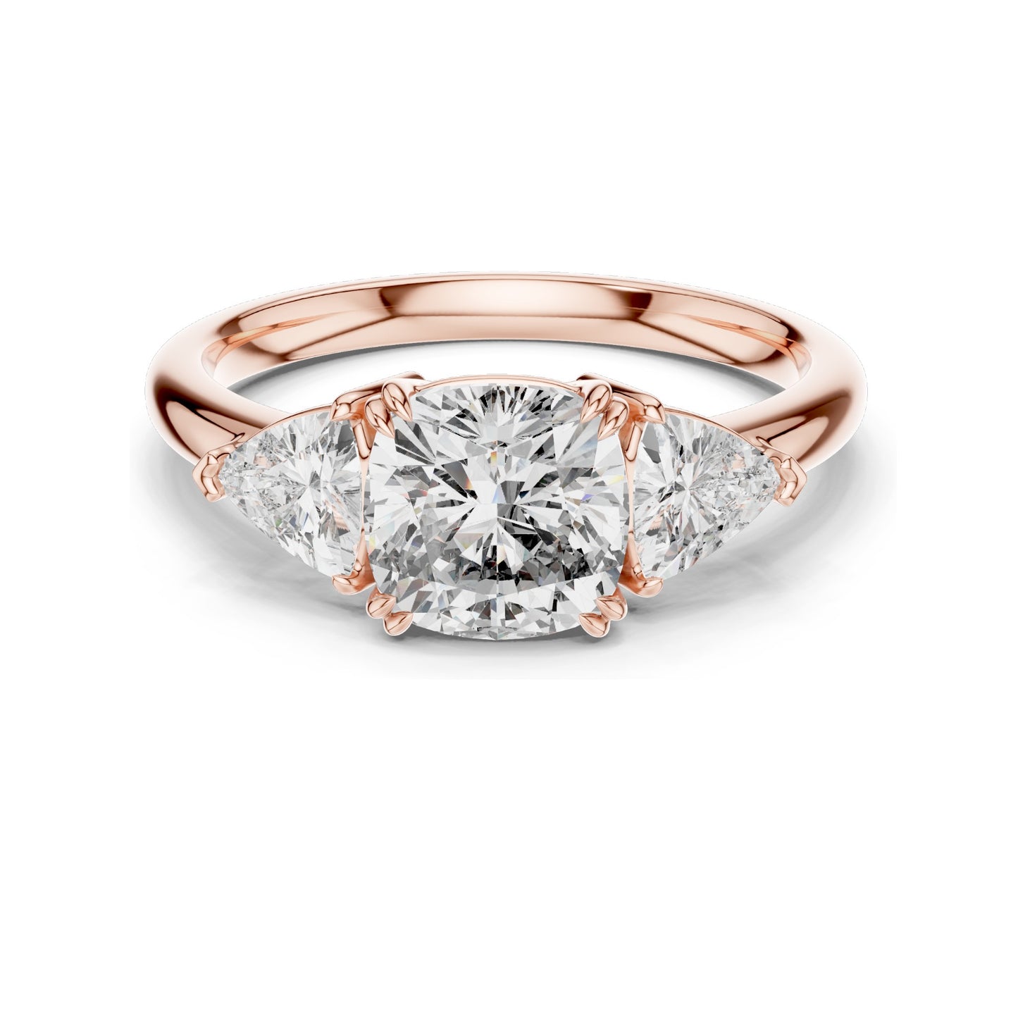 2.39 CT Cushion Cut Lab Diamond Engagement Ring | Trillion Side Stones | VVS–VS EF CVD Diamonds | 18K, 14K, 10K Gold & 925 Silver | Rose, Yellow, White Gold