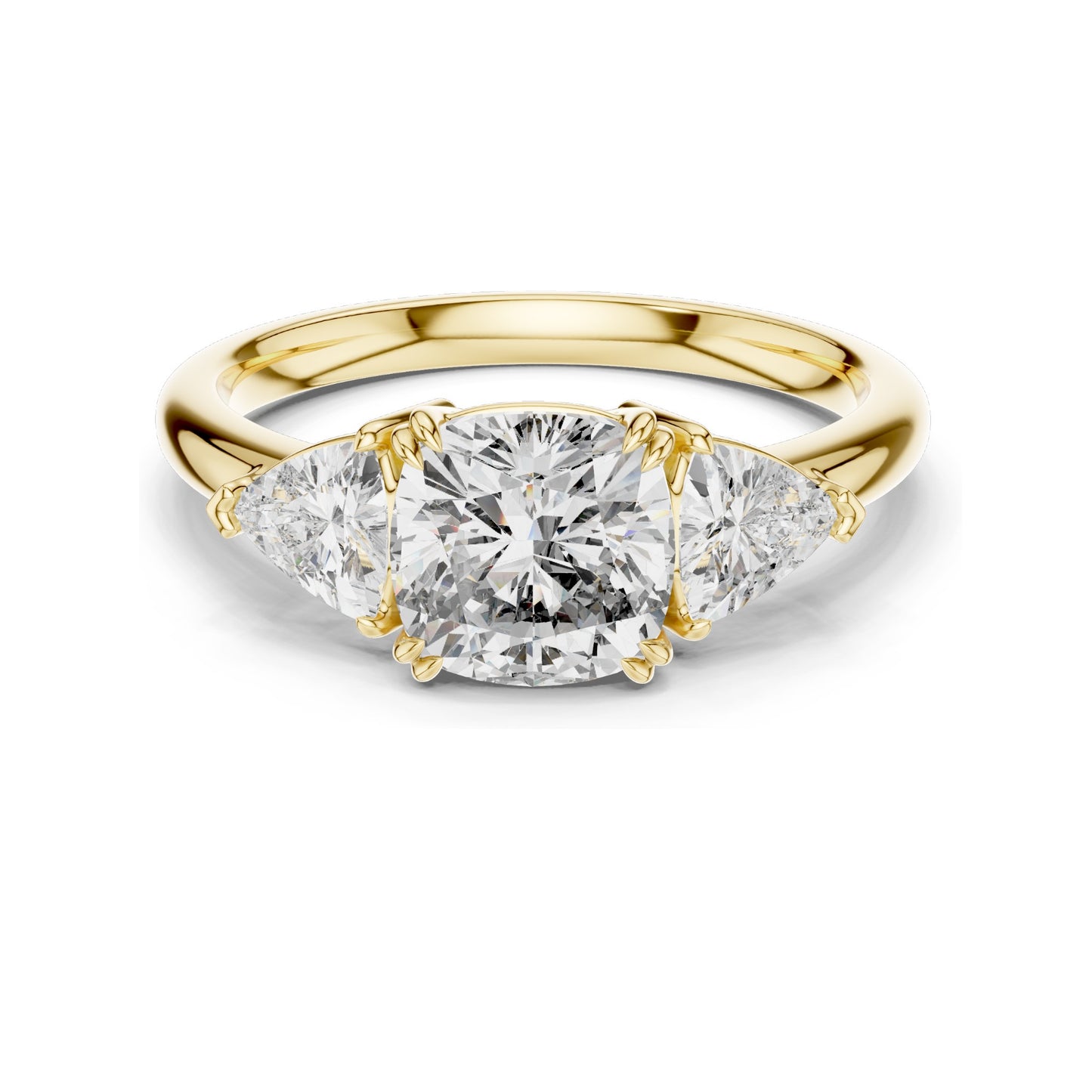 2.39 CT Cushion Cut Lab Diamond Engagement Ring | Trillion Side Stones | VVS–VS EF CVD Diamonds | 18K, 14K, 10K Gold & 925 Silver | Rose, Yellow, White Gold
