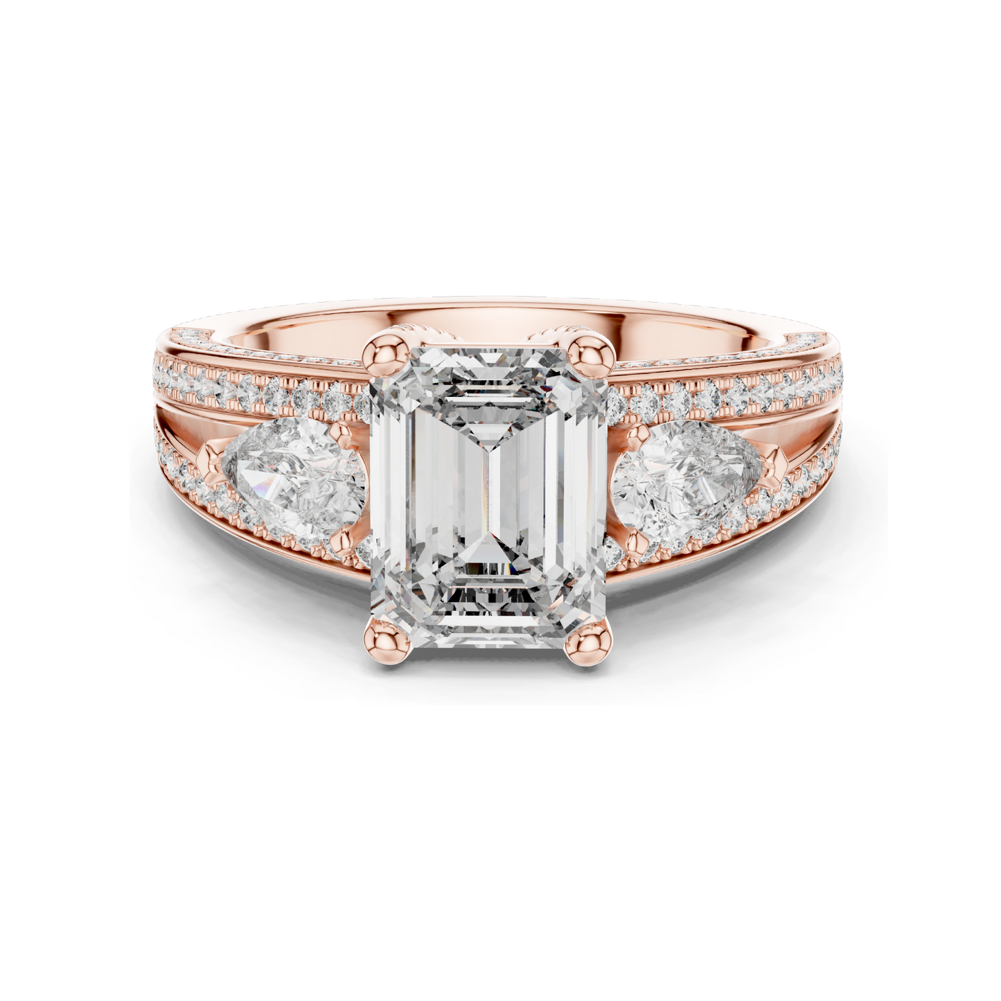 3.1 CT Lab-Grown Diamond Engagement Ring | Emerald Cut with Pear-Shaped Side Stones | 18KT, 14KT, 10KT Gold & 925 Silver | Rose, Yellow, White Gold Options | Luxury Fine Jewelry