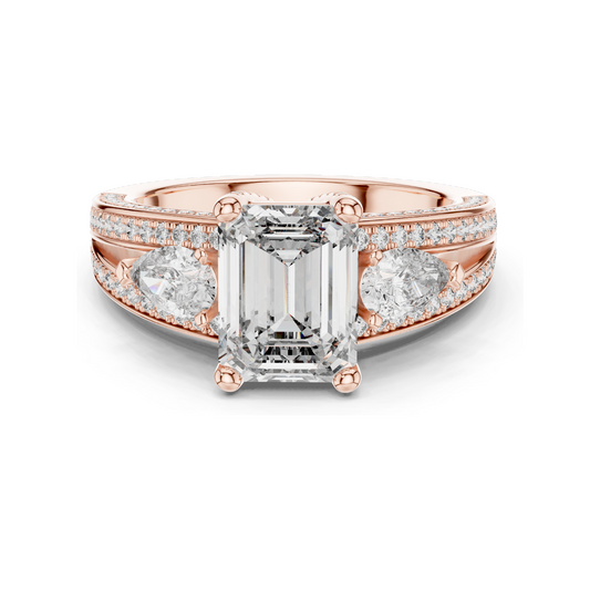 3.1 CT Lab-Grown Diamond Engagement Ring | Emerald Cut with Pear-Shaped Side Stones | 18KT, 14KT, 10KT Gold & 925 Silver | Rose, Yellow, White Gold Options | Luxury Fine Jewelry
