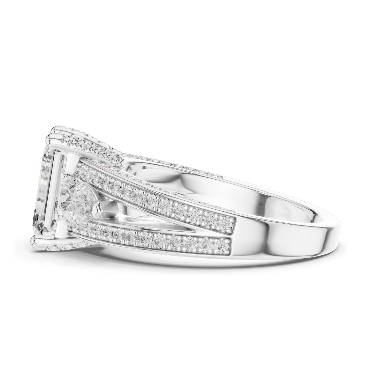 3.1 CT Lab-Grown Diamond Engagement Ring | Emerald Cut with Pear-Shaped Side Stones | 18KT, 14KT, 10KT Gold & 925 Silver | Rose, Yellow, White Gold Options | Luxury Fine Jewelry