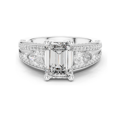 3.1 CT Lab-Grown Diamond Engagement Ring | Emerald Cut with Pear-Shaped Side Stones | 18KT, 14KT, 10KT Gold & 925 Silver | Rose, Yellow, White Gold Options | Luxury Fine Jewelry