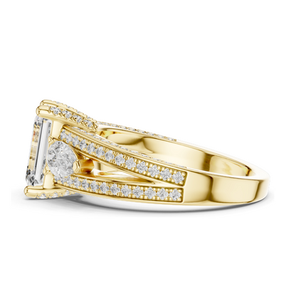 3.1 CT Lab-Grown Diamond Engagement Ring | Emerald Cut with Pear-Shaped Side Stones | 18KT, 14KT, 10KT Gold & 925 Silver | Rose, Yellow, White Gold Options | Luxury Fine Jewelry