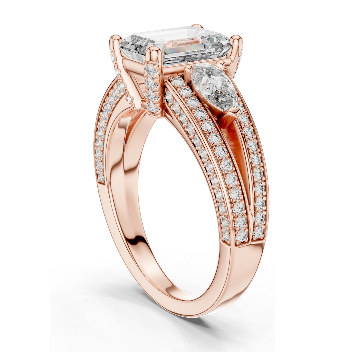 3.1 CT Lab-Grown Diamond Engagement Ring | Emerald Cut with Pear-Shaped Side Stones | 18KT, 14KT, 10KT Gold & 925 Silver | Rose, Yellow, White Gold Options | Luxury Fine Jewelry