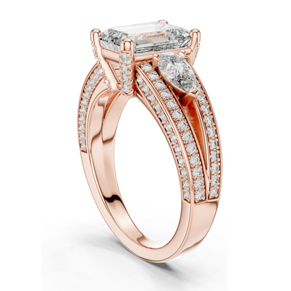 3.1 CT Lab-Grown Diamond Engagement Ring | Emerald Cut with Pear-Shaped Side Stones | 18KT, 14KT, 10KT Gold & 925 Silver | Rose, Yellow, White Gold Options | Luxury Fine Jewelry