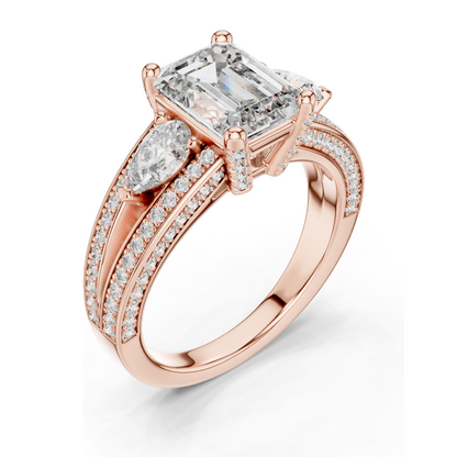 3.1 CT Lab-Grown Diamond Engagement Ring | Emerald Cut with Pear-Shaped Side Stones | 18KT, 14KT, 10KT Gold & 925 Silver | Rose, Yellow, White Gold Options | Luxury Fine Jewelry
