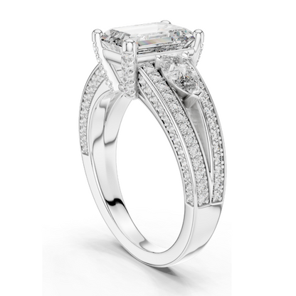 3.1 CT Lab-Grown Diamond Engagement Ring | Emerald Cut with Pear-Shaped Side Stones | 18KT, 14KT, 10KT Gold & 925 Silver | Rose, Yellow, White Gold Options | Luxury Fine Jewelry