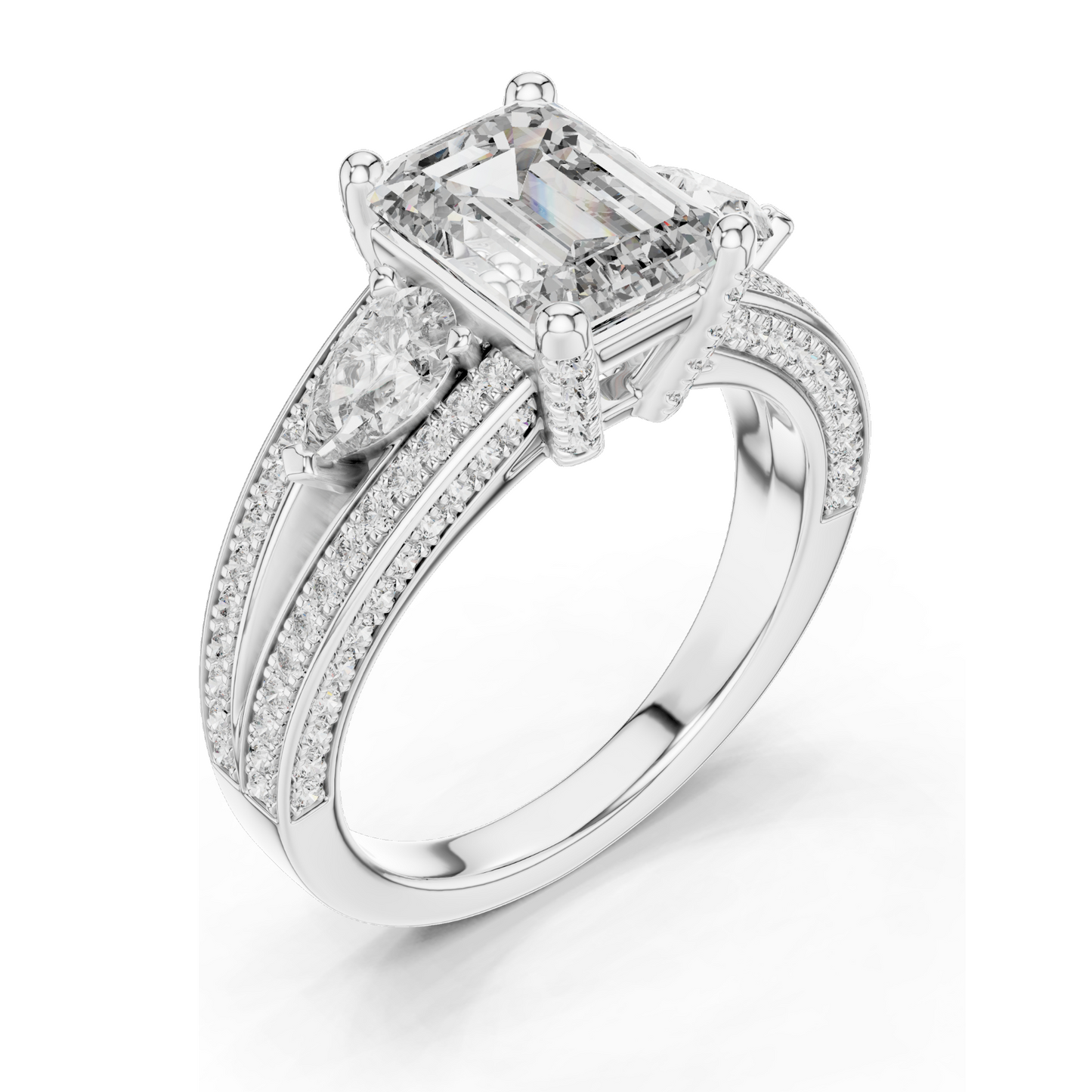 3.1 CT Lab-Grown Diamond Engagement Ring | Emerald Cut with Pear-Shaped Side Stones | 18KT, 14KT, 10KT Gold & 925 Silver | Rose, Yellow, White Gold Options | Luxury Fine Jewelry