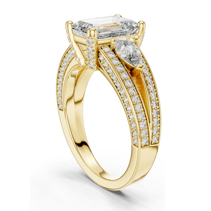 3.1 CT Lab-Grown Diamond Engagement Ring | Emerald Cut with Pear-Shaped Side Stones | 18KT, 14KT, 10KT Gold & 925 Silver | Rose, Yellow, White Gold Options | Luxury Fine Jewelry